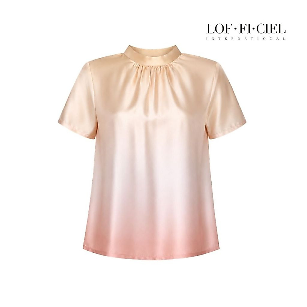 LOF-FI-CIEL Satin print-Glow amber-short sleeve blouse เสื้อเบลาส์คอตั้ง รูดคอแขนปีกผีเสื้อ FD1MGL