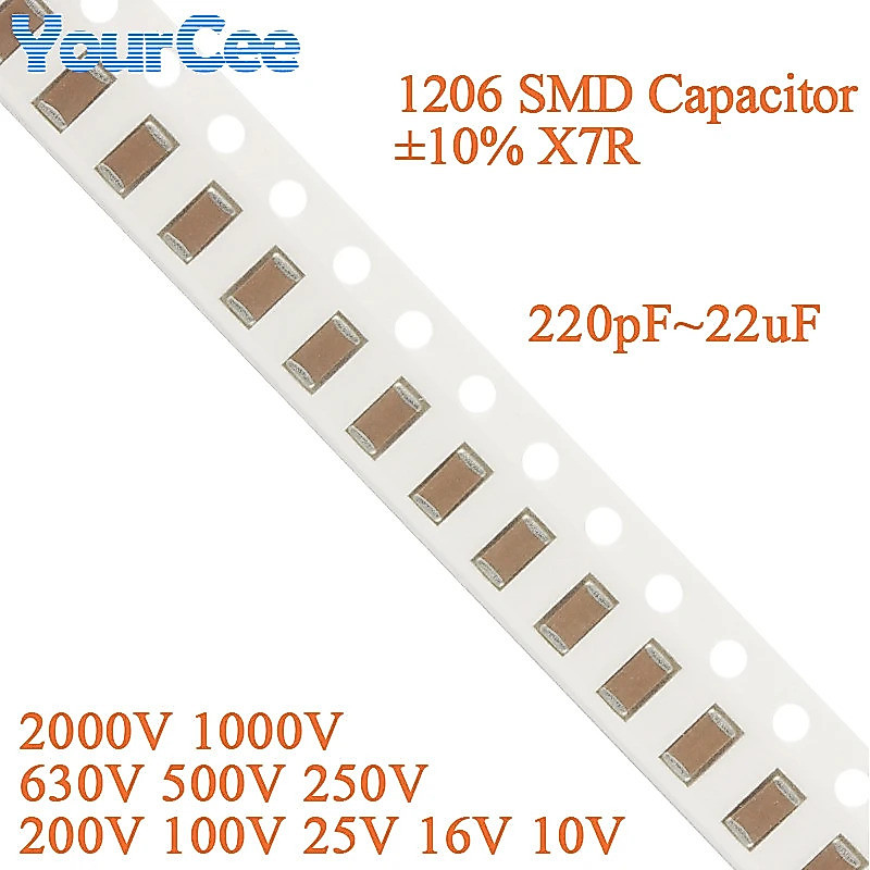 50pcs 1206 ตัวเก็บประจุ SMD ±10% X7R 1uF 2.2uF 3.3uF 4.7uF 10uF 22uF 1nF 2.2nF 3.3nF 4.7nF 22nF 10nF