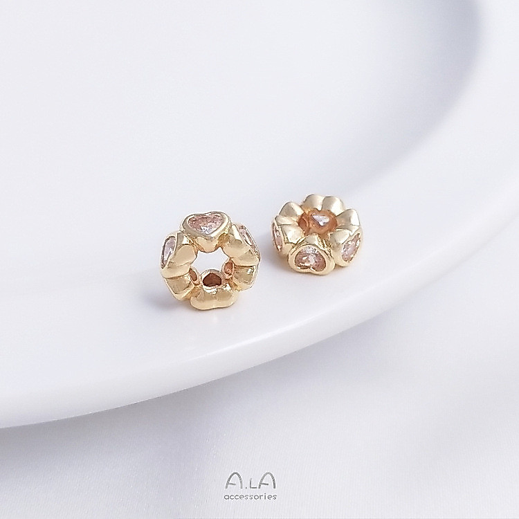 14K Gold-Covered สี-Presition Peach Heart Zircon Spacer แหวนลูกปัดหัวใจ Through Hole Spacer แหวนลูกป