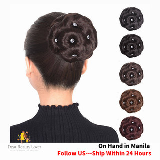 (Manila Stock)9 Flowers Faux Crystal Synthetic Bun Hair Extension Elastic Bridal Donut Chignon Hair Wig