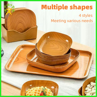 12pcs Plate Set with Base Kitchenware Plastic wooden design Square Snack Tableware Kitchen