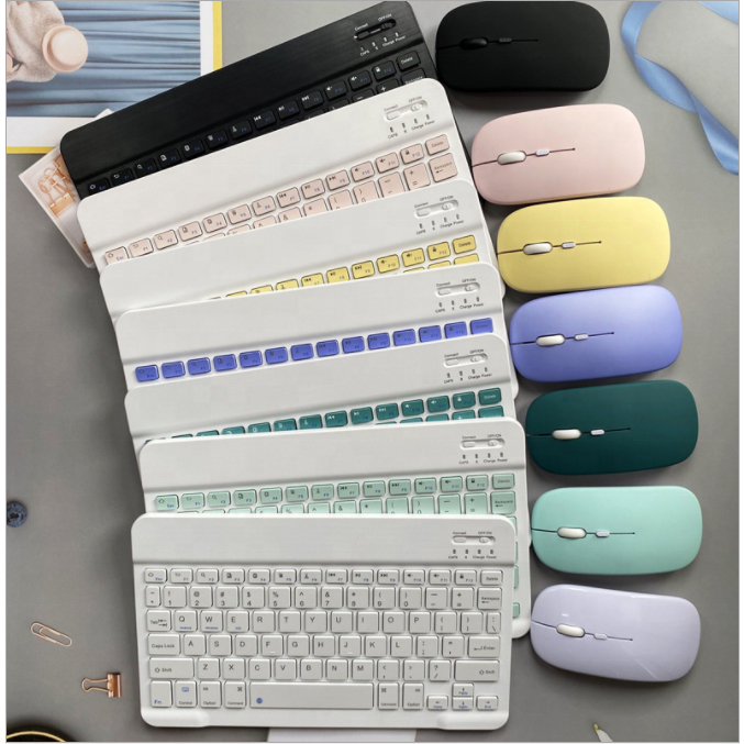 【จัดส่งในพื้นที่】ชุดเมาส์บลูทูธไร้สาย คีย์บอร์ด 10 นิ้ว สีสันสดใส สําหรับ Android ios IPad Macaron แท็บเล็ต