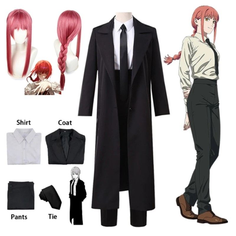 Makima คอสเพลย์เครื่องแต่งกายอะนิเมะ Chainsaw ผู้หญิงสีดํา Trench เสื้อ Tie กางเกง Makima วิกผมยาวสี