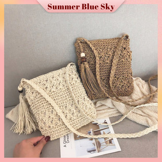 (COD)Summer Beach Bag Straw tassel Hand-woven Crossbody Bag Hollow  Bucket Bag Bohemian fashion