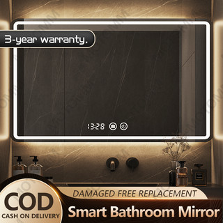 Bathroom LED Mirror with light Decorative Wall Mounted Rectangle Frameless Front Lighting Smart Bathroom Dresser Beauty Makeup Mirror  Time Temperature Display Tri-color