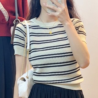 Korean Striped Round Neck T-shirt Knitted Top for Women Short Sleeve Blouse Knitwear Top HT