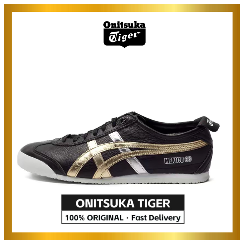 【Official Store】Tiger Mexico 66 Black White Golden Leather Sneakers Unisex D5V2L-9094