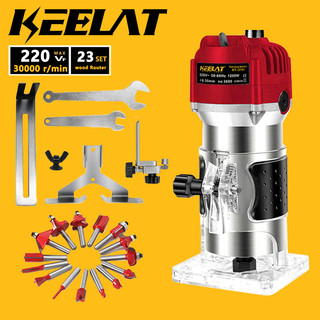 KEELAT 1200W Power Tools Handheld Palm Wood Router With 15pcs Bits Electric Wood Trimmer Laminate