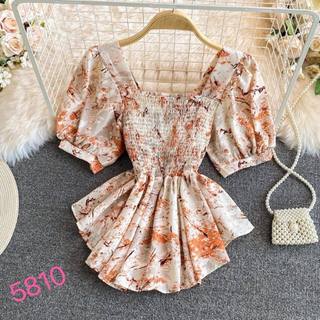 Korean fashion half sleeves floral smocked Top