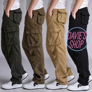 Men's Cargo Pants 6 Pocket Khaki Cargo Wide Leg Pants for Man Korea Kpop Straight Cut
