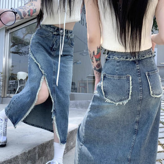 Long skirt MIDI with slit denim pencil highwaist A-line skirt jeans black blue fashion maong office