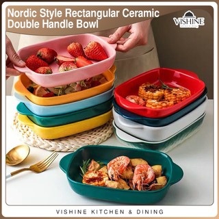 Nordic Style Ceramic Baking Tray Rectangular Cheese Risotto Dish Double Handle Bowl Oven Safe