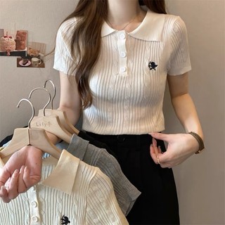 Jolly Chic Embossed Pattern Button Down Polo Neck Knitted Top M1191