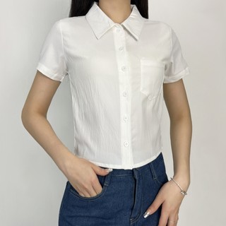 Short Blouse For Women V-neck Top Turn Down Collar Plain Color Short Sleeve Shirt