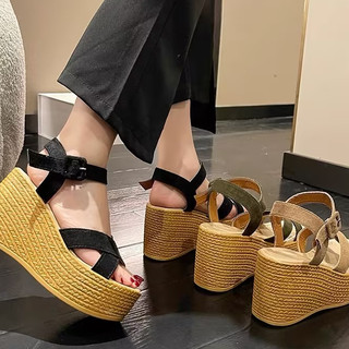 (9cm) Thick sole diagonal sandals for women's new thick sole shoes for trendy women