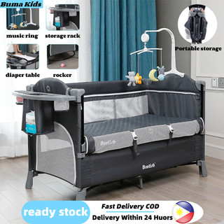 Baby Crib 2 Layer With Mosquito Net Diaper Table Crib Stitching Big Bed Crib For Baby Black Foldable