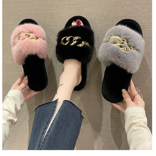 New style metal chain women's fashionable warm furry slippers