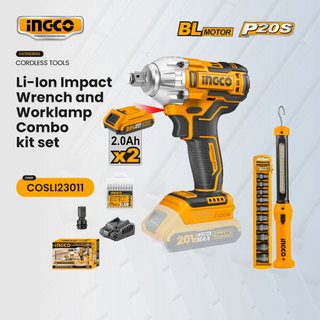 Ingco 20v Li-Ion Cordless Impact Wrench Work Lamp Socket Set Combo Kit COSLI23011 ICPT EXC