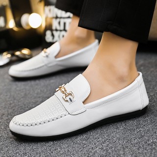 Men's Casual Leather Shoe White black Loafers Comfortable Flat Breathable Slip-On Soft Driving Shoes