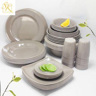 6pcs set Grey Brown Melamine ware Chocolate plates bowls square plates saucer cups  (A-688 GREY)
