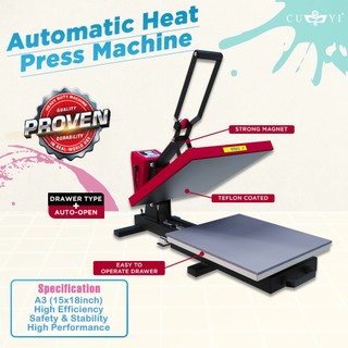 A3 CUYI Heat Press Machine Heavy Duty Auto-open / Manual Clam Type (15.17.5inches Flatbed)
