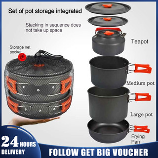 [Anti-scalding Handle]4-in-1  Outdoor Cooking Pot Set Set Aluminum Hiking Picnic Kettle/Soup Pot