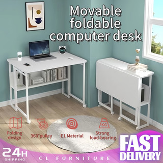 Removable Study Table Folding Computer Table 2-layer With Wheels Portable Office Table Large Storage