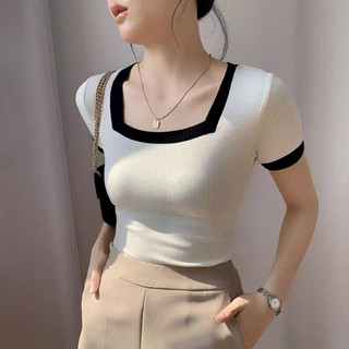 Buy 1 Take 1--Angelcity Contrast Binding Square Neck Tee Full Length T Shirt For Women Tops