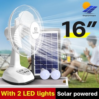 Solar electric fan with panel 12 14 16 inch stand fan rechargeable 2 LED lights volts desktop fan