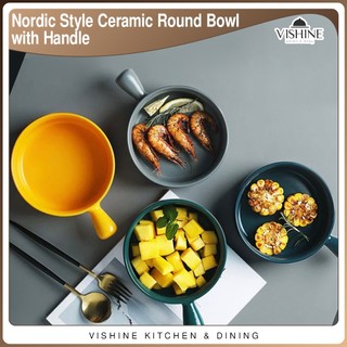VISHINE 1pc Ceramic Handle Bowl Nordic Style Round Salad Bowl Soup Bowl Noodle Bowl with handle