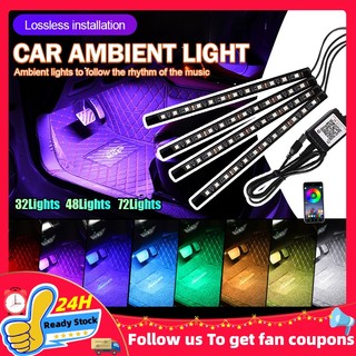 Car RGB Atmosphere Light Strips 36/48/72 LED Car Interior Decorative Lights Sound Sensor APP Control