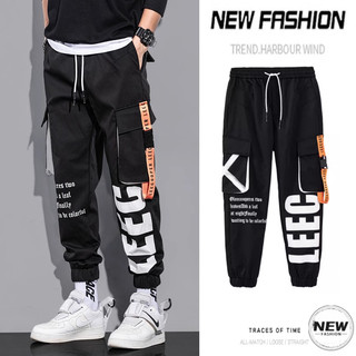 Cargo pants for men Korean Version Multi-pocket Splice Ribbon Cargo Pants baggy Large Size Trousers