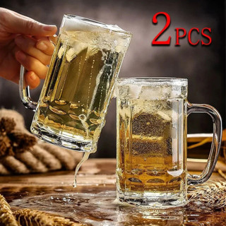 2 PCS Glass Mugs with Handle Heat Resistant Tea Mugs Beer Mugs Large Capacity 14 oz Glass Beer Mugs