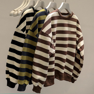 Striped Sweater Men's Korean Retro Stitching Round Neck Sweater Casual Loose Couple Tops