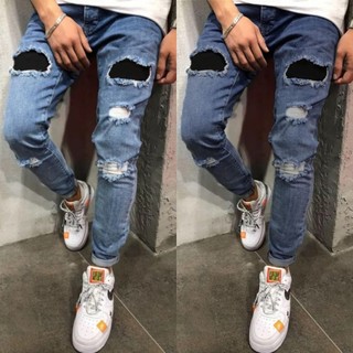 Tattered Stitched Ripped Jeans Men's Casual Attire Slighty Stretchable Soft Denim Fabric 7609/7610