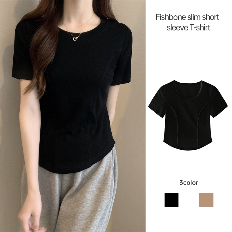 เสื้อยืดแขนสั้น Slim Slim Women Summer Simple Simple Solid แขนเสื้อเกาหลีรุ่น  ด้านบน