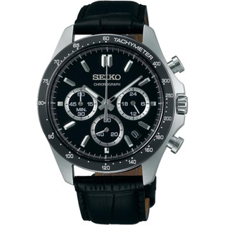 Seiko Selection Men's Quartz Chronograph, Dial: Black, Band: Black (Leather), Horizontal 3-prong chronograph SBTR021