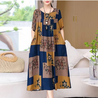 Plus Size Floral Dress Cover Stomach Loose Midi Dress Women Casual Loose Retro Print Dress L6006-01