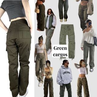 Green Shade CARGO WIDE LEG PANTS Loose High Waist Boyfriend Jeans Ladies Straight Pants Pocket