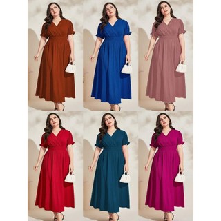 Plus Size Elegant Casual Solid Color V-Neck Style Hugging Waist Maxi Dress