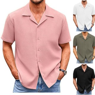 HUILISHI Cuban collar waffle Plain Summer Korean fashion casual men's short-sleeved shirt