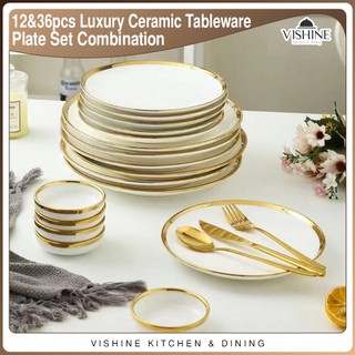 VISHINE Luxury Ceramic Tableware 12/36pcs Set 2/6person Combination Dinner Plates Saucer Utensils