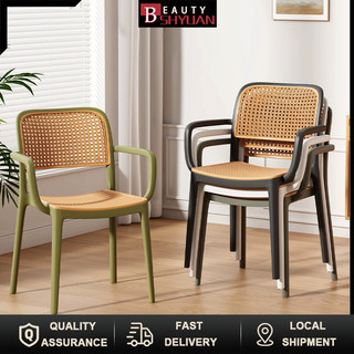 Plastic Chair With Thickened Backrest And Armrests Stackable Nordic Rattan Outdoor Dining Chair