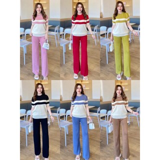 EZ Fashion Stripe Top & Wide Leg Garter Pants Oversize Knitted Terno Set Coords 943