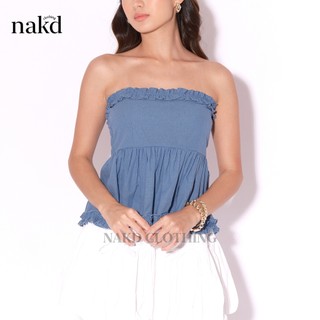 NAKD FASHION ZAHRA BASIC COTTON LINEN SEXY FLORAL SMOCKING BACK BABY DOLL TUBE FLOWY RUFFLE TOP 6053