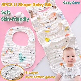3PCS Baby U Shaped Cotton Drool Bibs 8 Layer Gauze Thickened Feeding Bibs Printed Baby Saliva Towel
