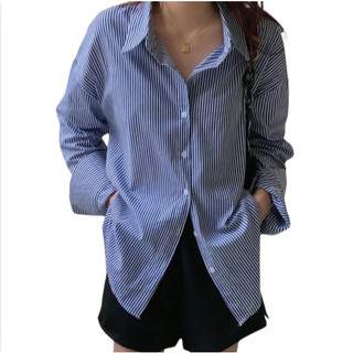 Over Size Striped Polo Shirt Blue Stripes Long Sleeve Blouse Bikini Cover Up Beach Wear