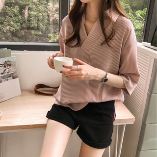 Short Sleeve Blouse For Women Striped Half Sleeve V-Nck Casual Loose Fitting Temperament Shirts