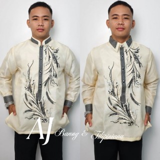 Men's MODERN Barong double collar with feather black BW 02 embroidery BARONG tagalog