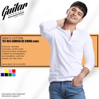 Guitar Apparel Men Button Camisa De Chino Henley Long Sleeve (White, Light Blue, Pink, Yellow)